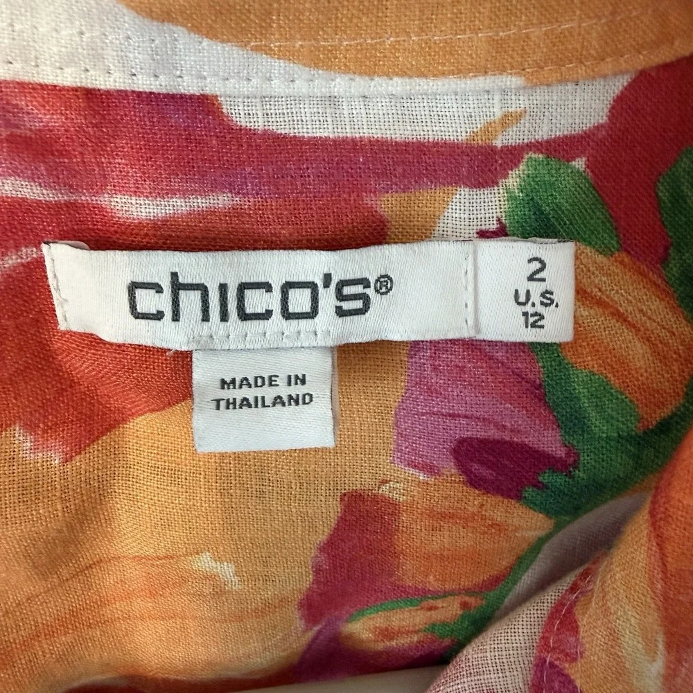 Chicos Blouse 2 (Sz 12) 100% Linen Vibrant Floral 3/4 Sleeve Button Up Wide Cuff